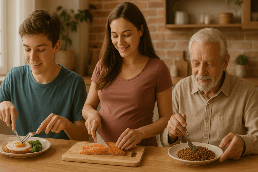 Teen boy eating eggs, pregnant woman preparing salmon, and elderly man enjoying lentils, all following a high protein low sugar diet.