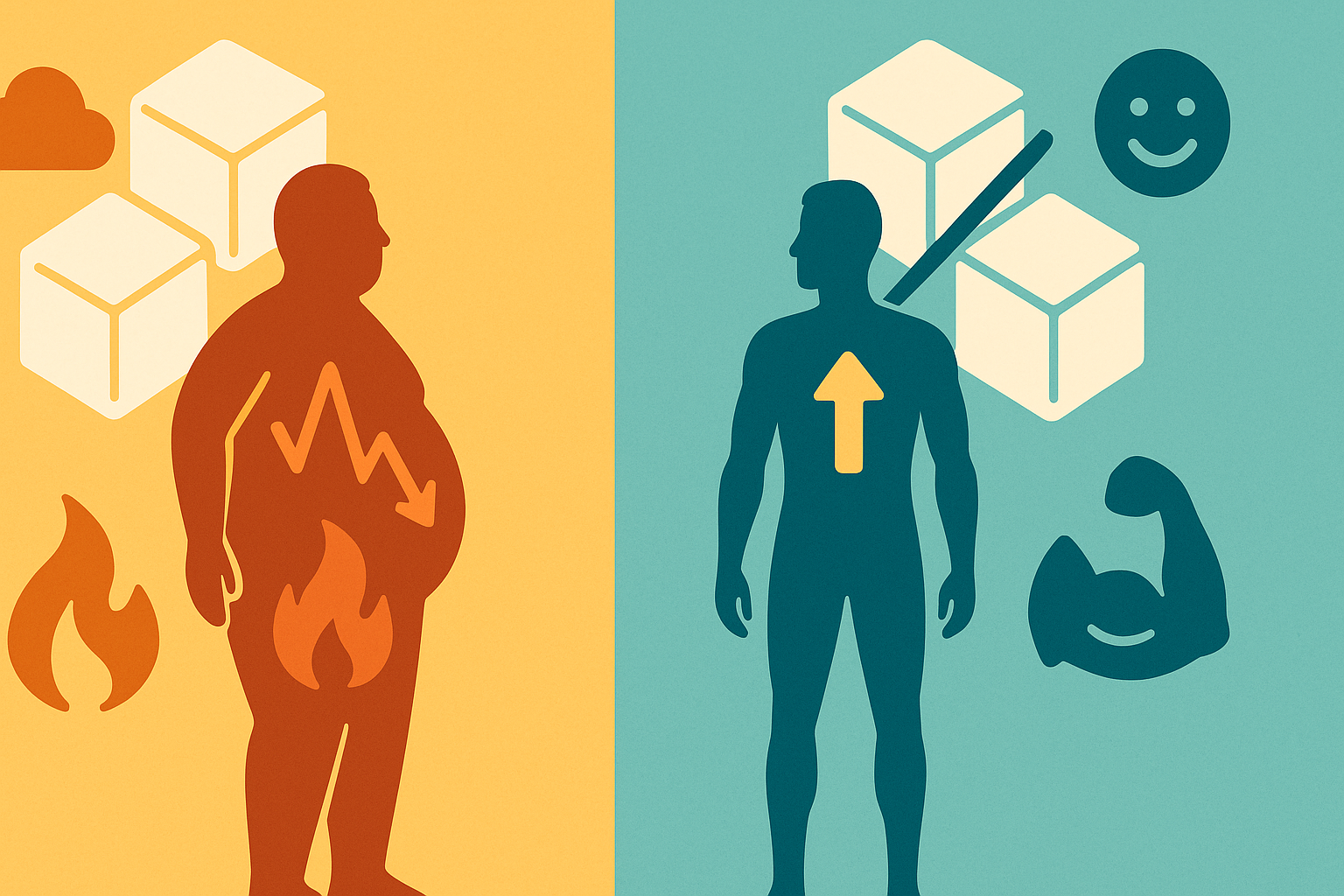 Split-screen infographic showing negative effects of sugar overconsumption on the left and benefits of a high protein low sugar diet on the right.