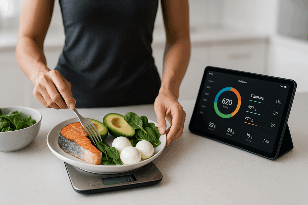 Fit person preparing a balanced keto meal with salmon, avocado, eggs, and spinach on a digital scale, tracking macros for ideal keto ratio.