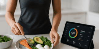 Fit person preparing a balanced keto meal with salmon, avocado, eggs, and spinach on a digital scale, tracking macros for ideal keto ratio.