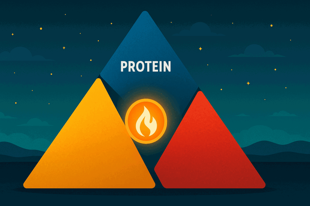 Triangle diagram illustrating the keto ratio with large fat section, moderate protein, and small carbohydrates, centered around glowing ketone energy symbol.