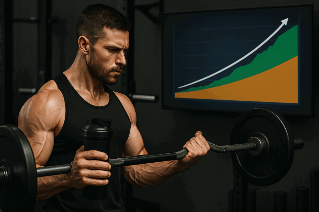 Muscular man lifting weights in a gym while holding a protein shaker, with a digital chart in the background illustrating a rising keto ratio of high protein and moderate fat intake.
