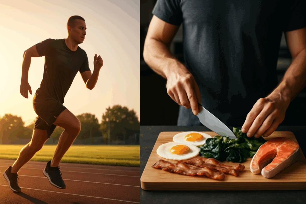 Athlete running at sunrise beside a kitchen scene preparing a high-fat, low-carb meal with eggs, spinach, bacon, and salmon to support optimal keto ratio.