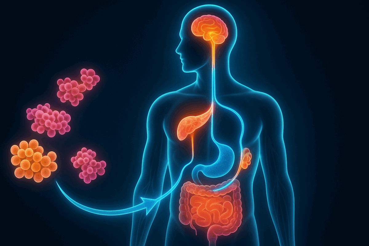 Human silhouette with glowing insulin, cortisol, and leptin pathways interacting with protein molecules, illustrating hormonal balance in a high-protein keto ratio.