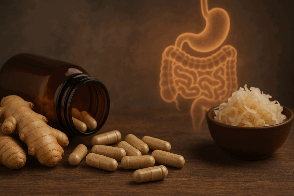 Digestive enzyme capsules with ginger root and sauerkraut on a wooden surface, highlighting gut health support for high-protein diets with a balanced keto ratio.