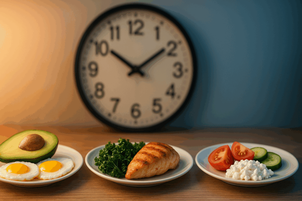 Three meals illustrating ideal keto ratio: high-fat breakfast with eggs and avocado, protein-rich lunch with chicken and kale, and light evening salad with cottage cheese, set against a blurred clock backdrop to emphasize nutrient timing