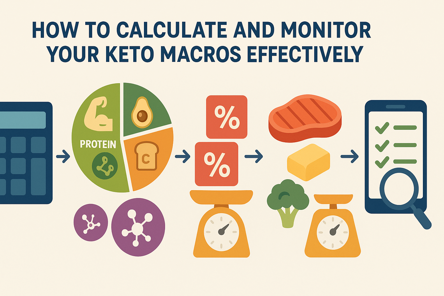 Infographic visually outlining how to calculate keto ratio with steps including TDEE estimation, macro breakdown, gram conversion, and food tracking using illustrated icons.