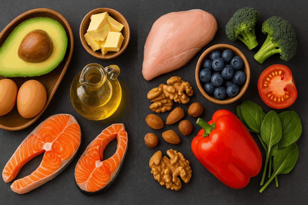 Split-screen comparison of keto vs low carb diet showing fatty fish, avocado, and olive oil on one side, and chicken breast, vegetables, and nuts on the other.