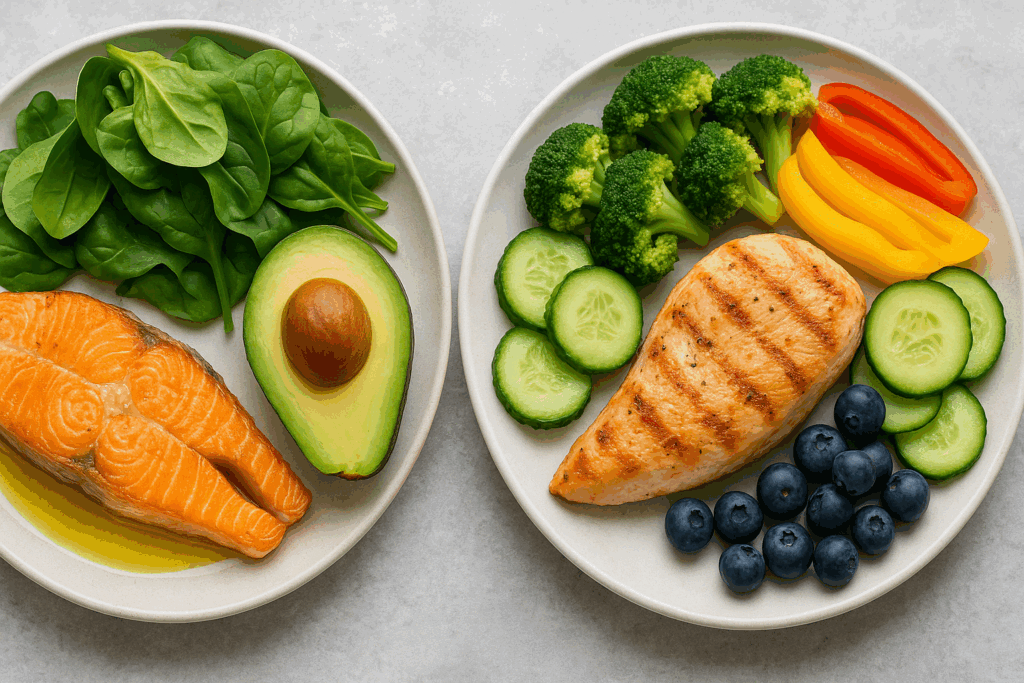 Grilled salmon with avocado and spinach beside grilled chicken with broccoli, cucumbers, bell peppers, and blueberries comparing keto vs low carb diet meals.