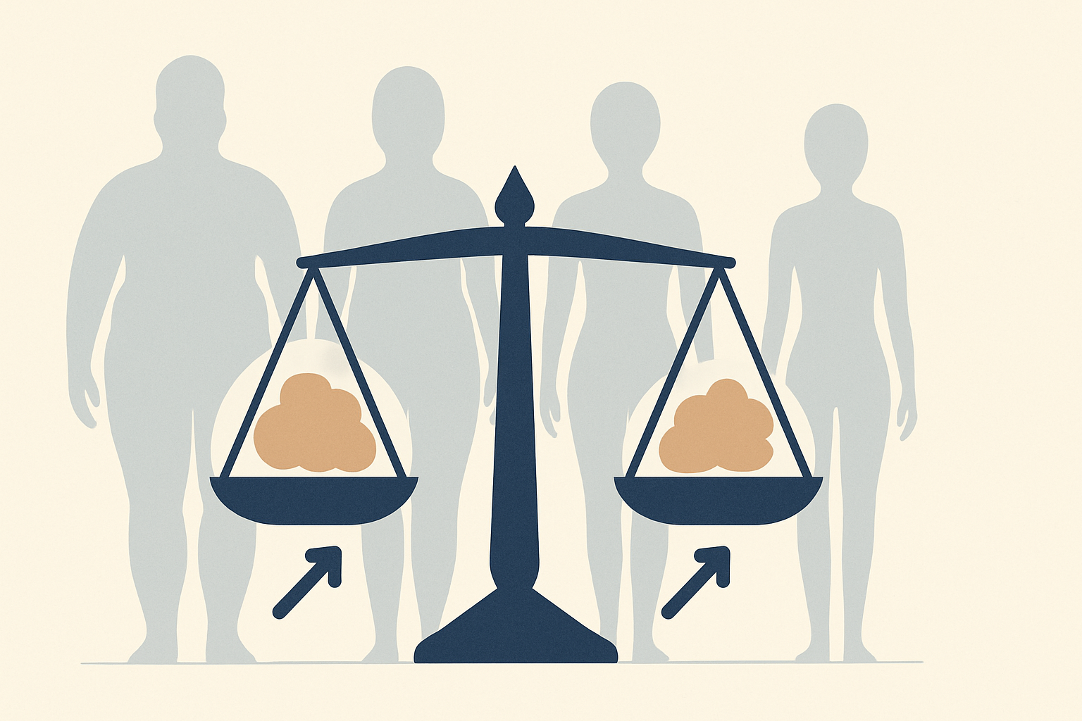 Balanced scale illustrating fat loss in a keto vs low carb diet comparison, with simplified body silhouettes showing reduced fat over time.