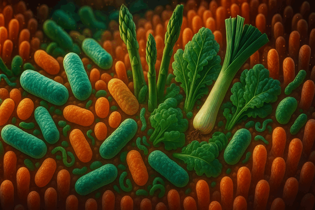 Microscopic illustration of gut bacteria thriving on fiber from leeks, asparagus, and leafy greens, showing digestive health benefits in a keto vs low carb diet.