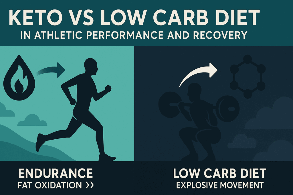 Split-screen infographic visually comparing keto vs low carb diet in athletic performance, showing fat-burning endurance runner versus strength-focused weightlifter using carbs