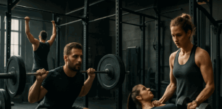 Athletes training simultaneously with squats, bench press, pull-ups, and curls in a gym, illustrating how many muscle groups should you train per workout.
