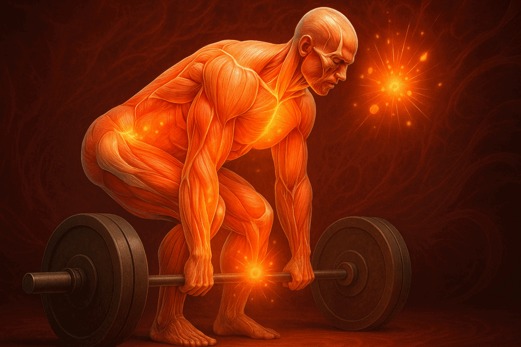 3D anatomical visualization of a man deadlifting with highlighted muscle activation zones, illustrating how many muscle groups should you train per workout.