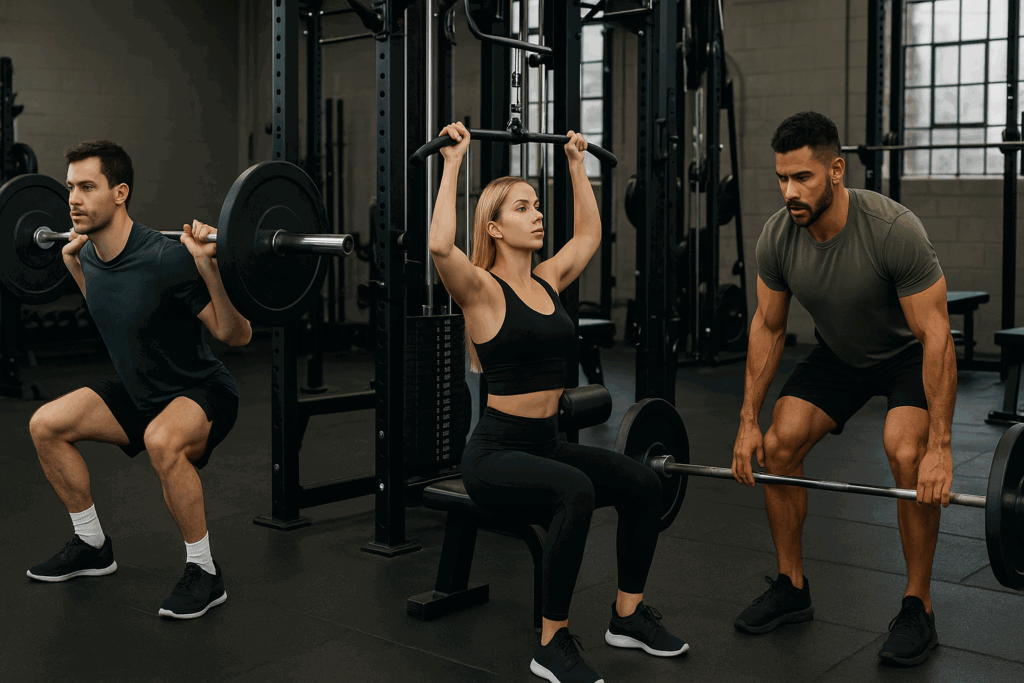 Three athletes demonstrating different training splits in a gym, illustrating how many muscle groups should you train per workout.