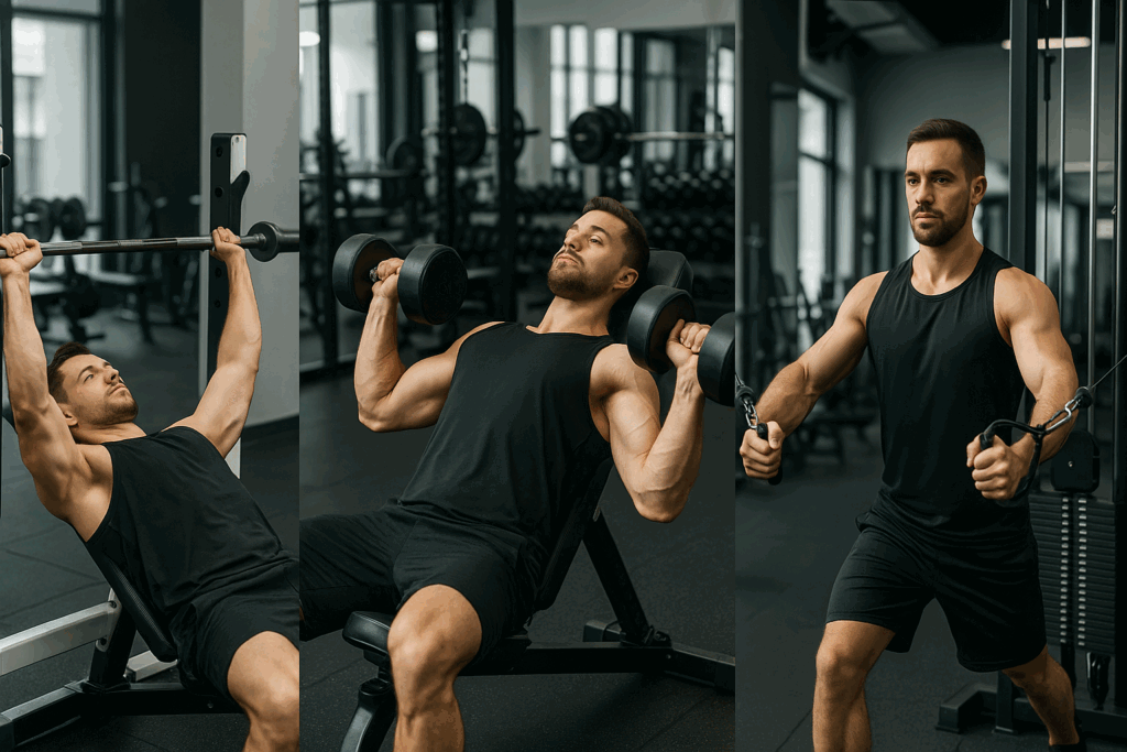 Man training chest with bench press, incline dumbbell press, and cable fly to show how many muscle groups should you train per workout.