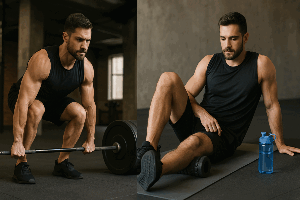 Muscular man lifting weights alongside active recovery with foam rolling, illustrating how many muscle groups should you train per workout.