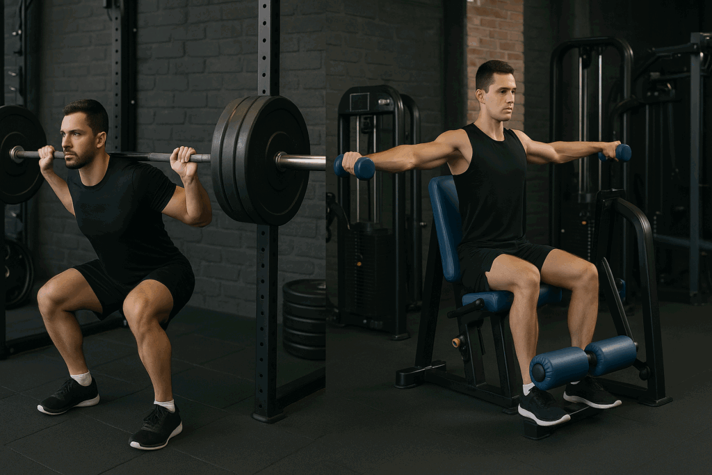 Side-by-side comparison of a man doing compound lifts and isolation exercises in a gym, illustrating how many muscle groups should you train per workout