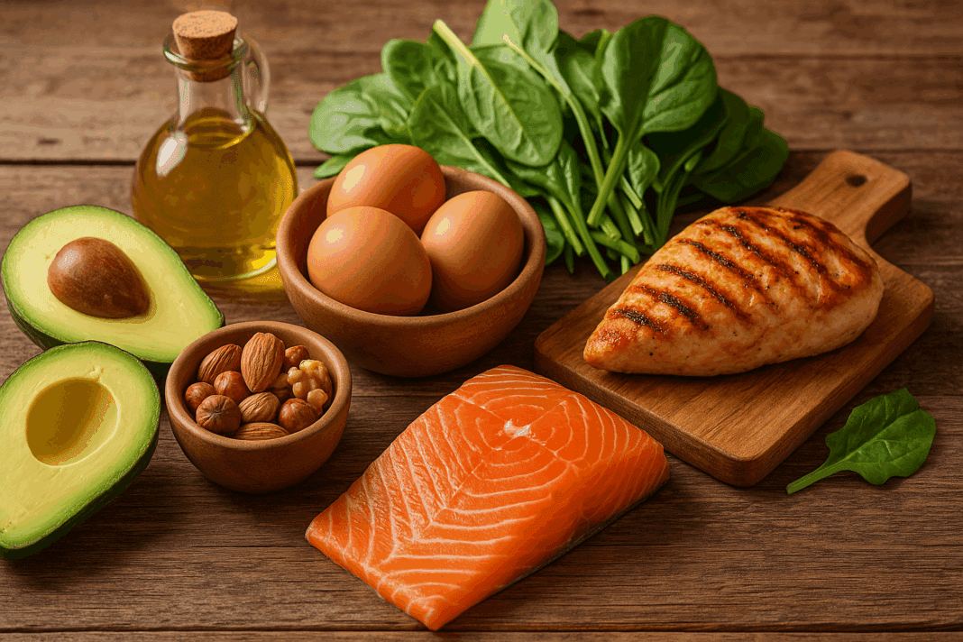 ChatGPT Image May 14, 2025, 10_53_14 PM Grilled chicken breast, salmon, eggs, avocado, nuts, leafy greens, and olive oil arranged on a rustic wooden table to represent a nutrient-dense low carb lchf meal.