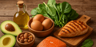 Grilled chicken breast, salmon, eggs, avocado, nuts, leafy greens, and olive oil arranged on a rustic wooden table to represent a nutrient-dense low carb lchf meal.