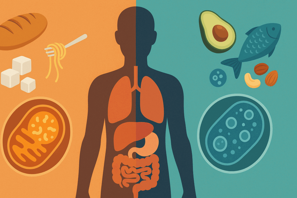 Split-screen diagram showing the metabolic transition in a human body from glucose burning with carbs to fat burning with ketones on a low carb lchf diet
