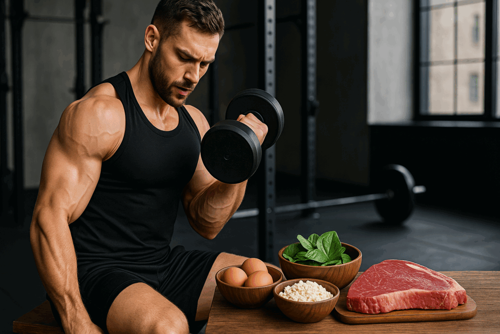 Muscular man lifting dumbbell in gym beside table with steak, eggs, spinach, and cottage cheese for a low carb lchf diet.