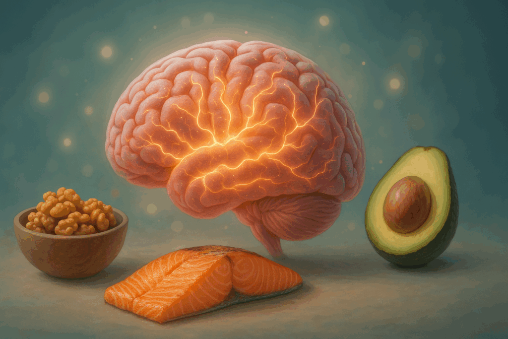 Human brain glowing with neural energy, surrounded by low carb LCHF foods like salmon, walnuts, and avocado on a calming background.