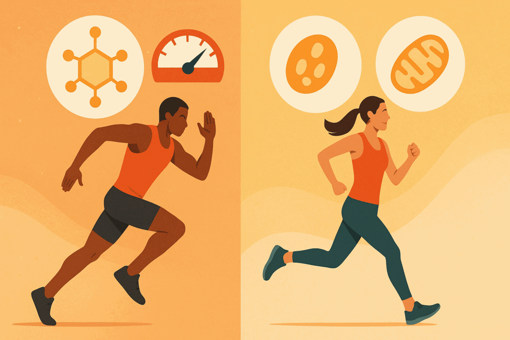 Two athletes—one sprinting and one running long distance—illustrate the body’s metabolic switch between glucose and fat energy in a low carb lchf state