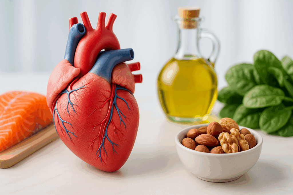 Healthy human heart with clear arteries next to salmon, olive oil, nuts, and leafy greens supporting a low carb lchf diet