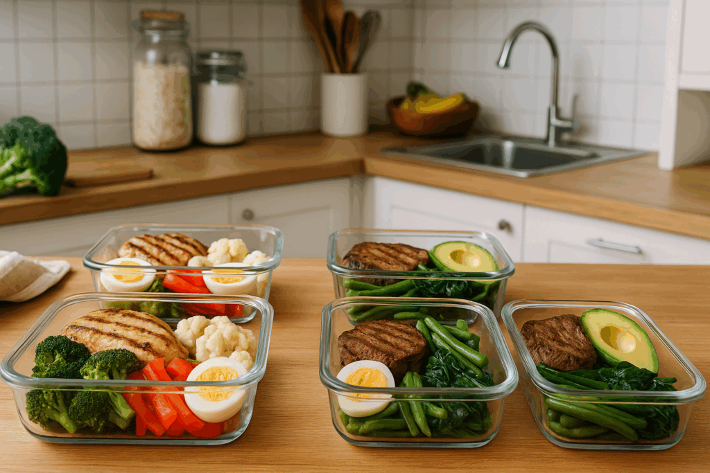 Meal prep containers filled with low carb lchf meals like grilled meat, avocado, boiled eggs, and vegetables in a tidy kitchen.