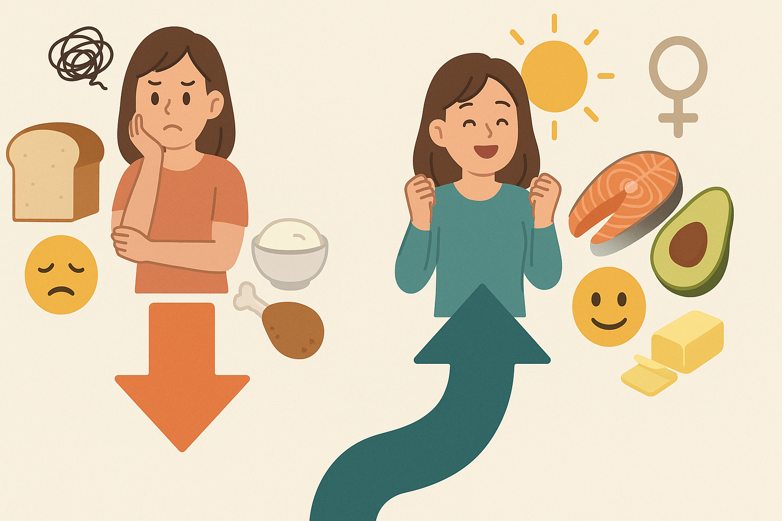 Infographic comparing traditional low-fat dieting with the low carb lchf lifestyle using emotional expressions, food visuals, and energy symbols