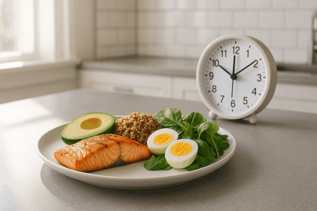 ChatGPT Image May 15, 2025, 02_15_10 PM Grilled salmon, hard-boiled eggs, avocado, quinoa, and leafy greens on a modern kitchen counter beside a midday clock, illustrating a high protein fasting diet.