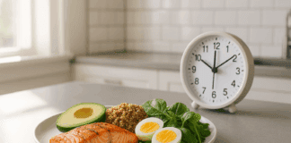 Grilled salmon, hard-boiled eggs, avocado, quinoa, and leafy greens on a modern kitchen counter beside a midday clock, illustrating a high protein fasting diet.