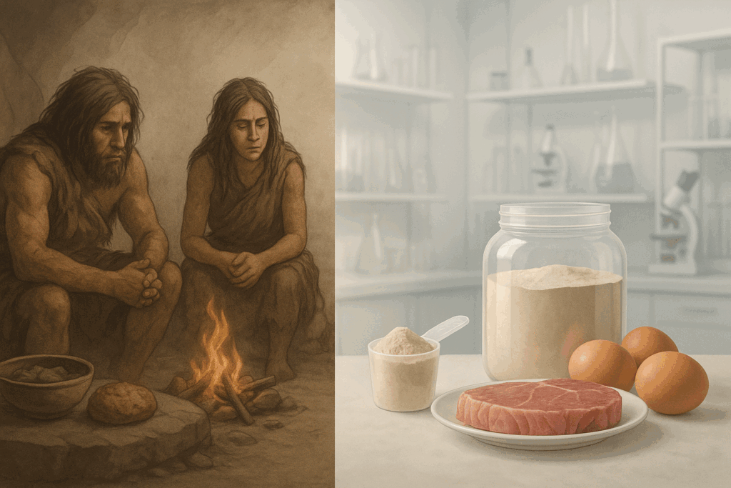 Split-scene showing early humans around a fire with simple food beside a modern lab setup featuring whey protein, eggs, and meat—illustrating the origins and evolution of the high protein fasting diet.