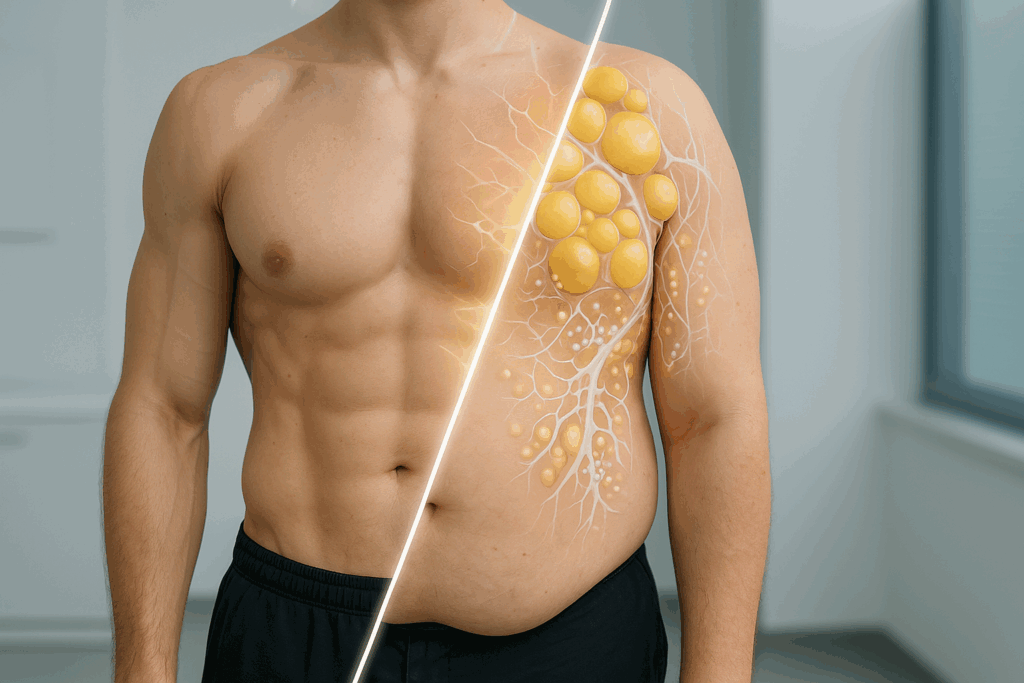 Torso split diagonally showing body transformation from fat breakdown to muscular definition, illustrating benefits of a high protein fasting diet