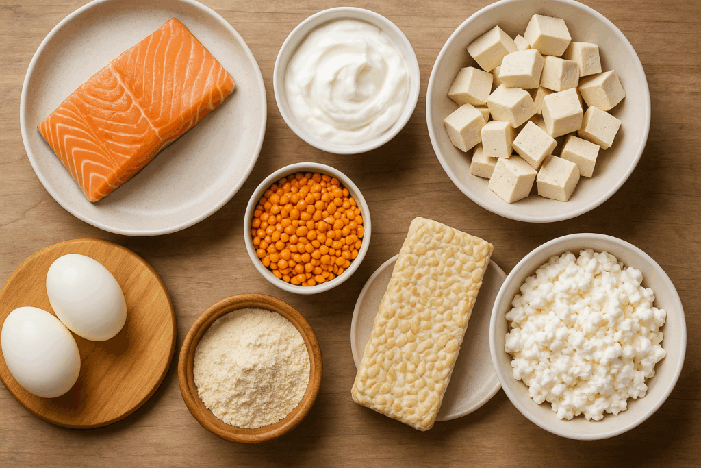 Overhead view of fresh salmon, eggs, Greek yogurt, tofu, lentils, tempeh, whey powder, and cottage cheese arranged for a balanced high protein fasting diet
