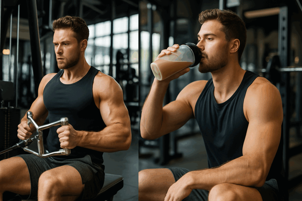 Fit man doing resistance training in a gym, followed by post-workout protein shake recovery—visualizing a high protein fasting diet routine.