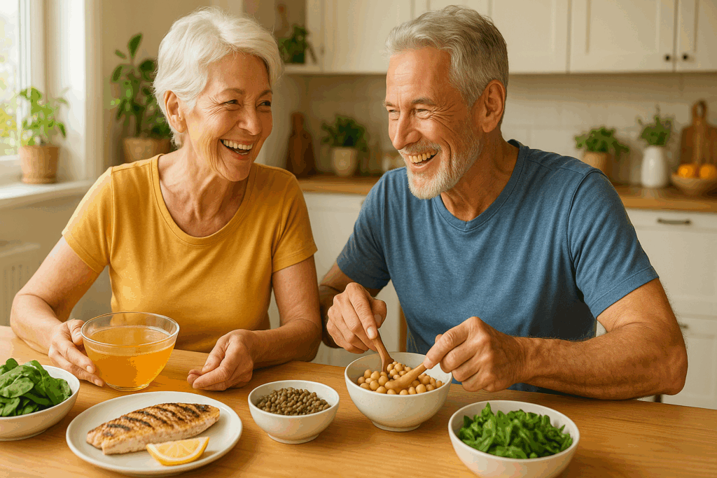 Smiling senior couple preparing a high protein fasting diet meal with grilled fish, legumes, leafy greens, and collagen broth in a bright kitchen.