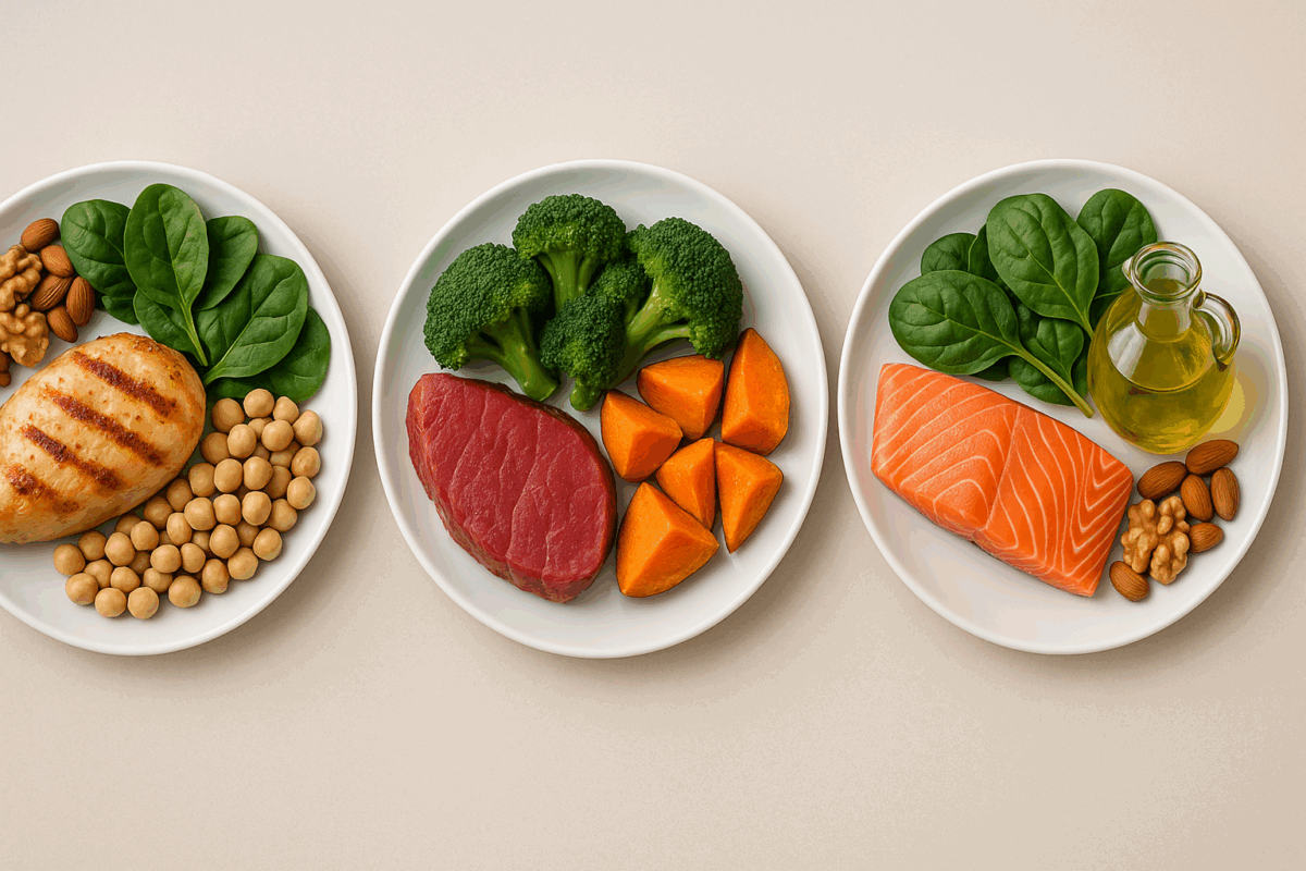 Three side-by-side plates showing a high protein fasting diet with grilled chicken, legumes, steak, sweet potatoes, salmon, greens, and healthy fats.