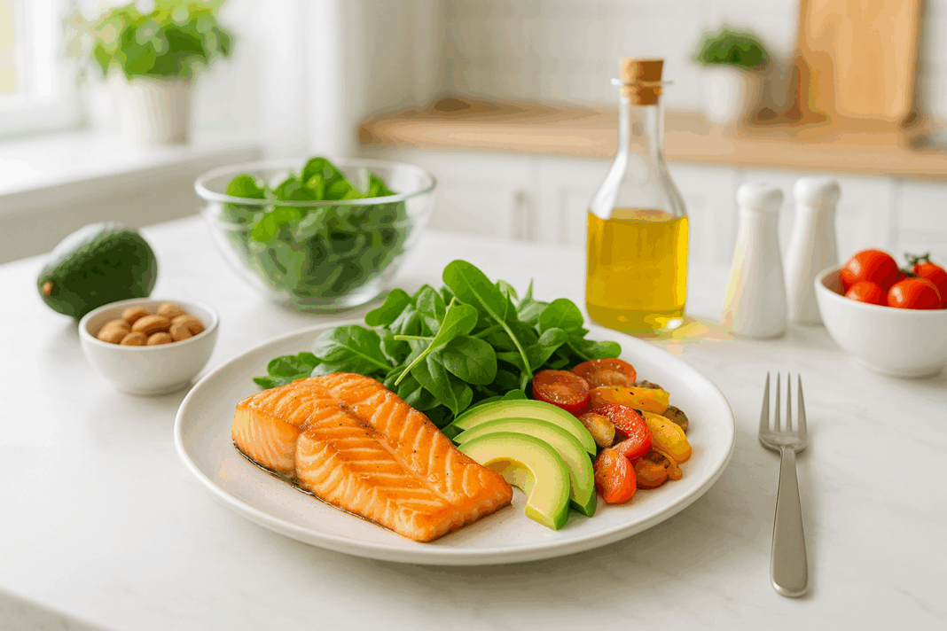 ChatGPT Image May 15, 2025, 10_37_02 AM Grilled salmon with avocado, leafy greens, and roasted vegetables on a white plate in a bright kitchen, illustrating a low carb low cholesterol diet.