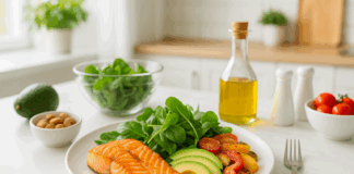 Grilled salmon with avocado, leafy greens, and roasted vegetables on a white plate in a bright kitchen, illustrating a low carb low cholesterol diet.