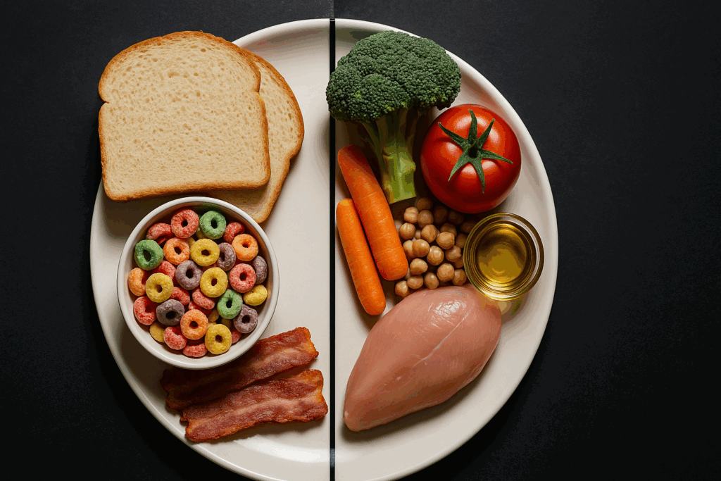 Split plate showing unhealthy foods like white bread and bacon beside vegetables, legumes, and lean chicken for a low carb low cholesterol diet.