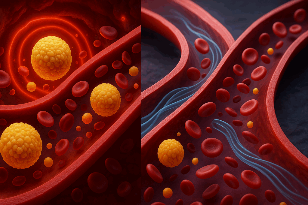 3D rendering of cholesterol and triglyceride particles in a blood vessel, showing improved blood flow and reduced inflammation from a low carb low cholesterol diet.