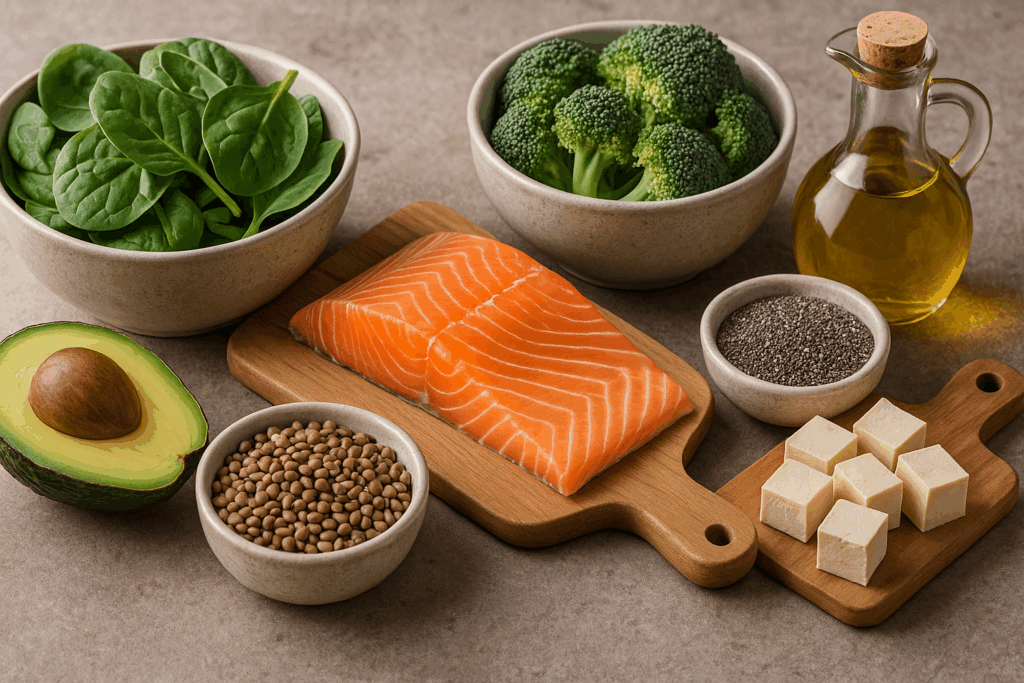 Heart-healthy foods for a low carb low cholesterol diet, including salmon, avocado, leafy greens, broccoli, lentils, chia seeds, tofu, and olive oil arranged on a rustic surface.