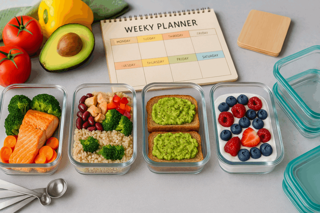 Weekly meal prep for a low carb low cholesterol diet with salmon, quinoa bowls, avocado toast, Greek yogurt, and fresh vegetables.