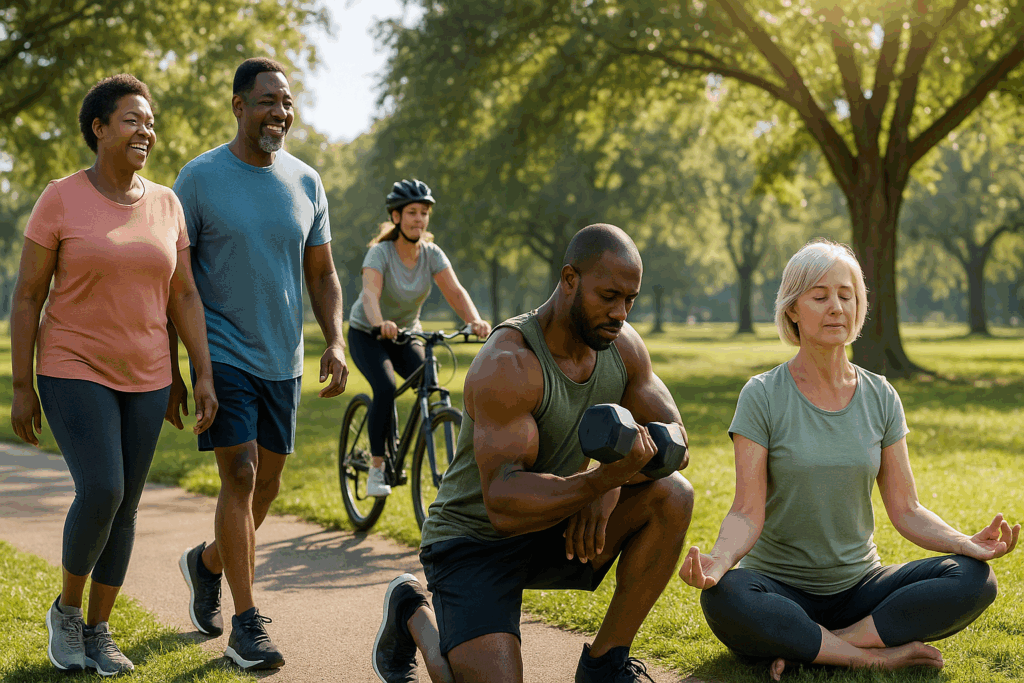 Diverse adults walking, cycling, strength training, and doing yoga in a sunlit park, promoting a healthy lifestyle on a low carb low cholesterol diet