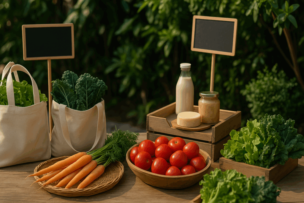 Reusable bags with leafy greens, carrots, and tomatoes at an eco-conscious farmers market promoting a low carb low cholesterol diet.