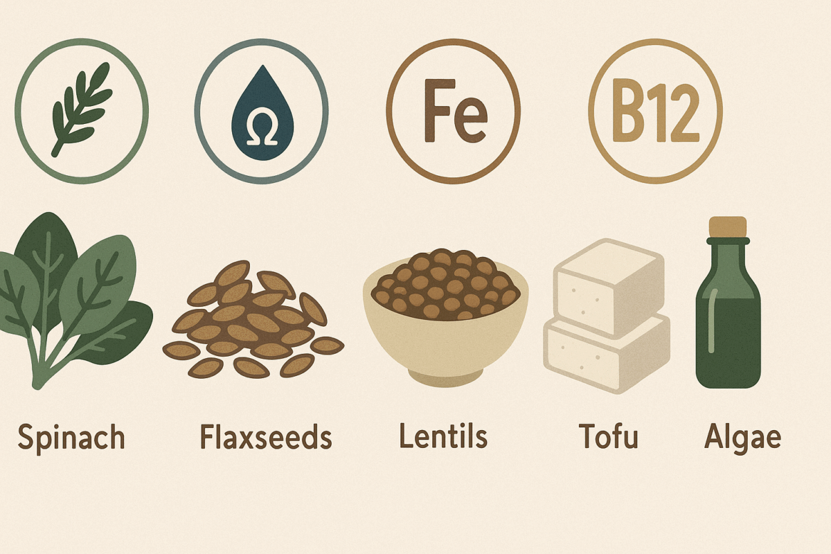 Infographic showing key nutrient sources for a low carb low cholesterol diet, including spinach, flaxseeds, lentils, tofu, and algae oil