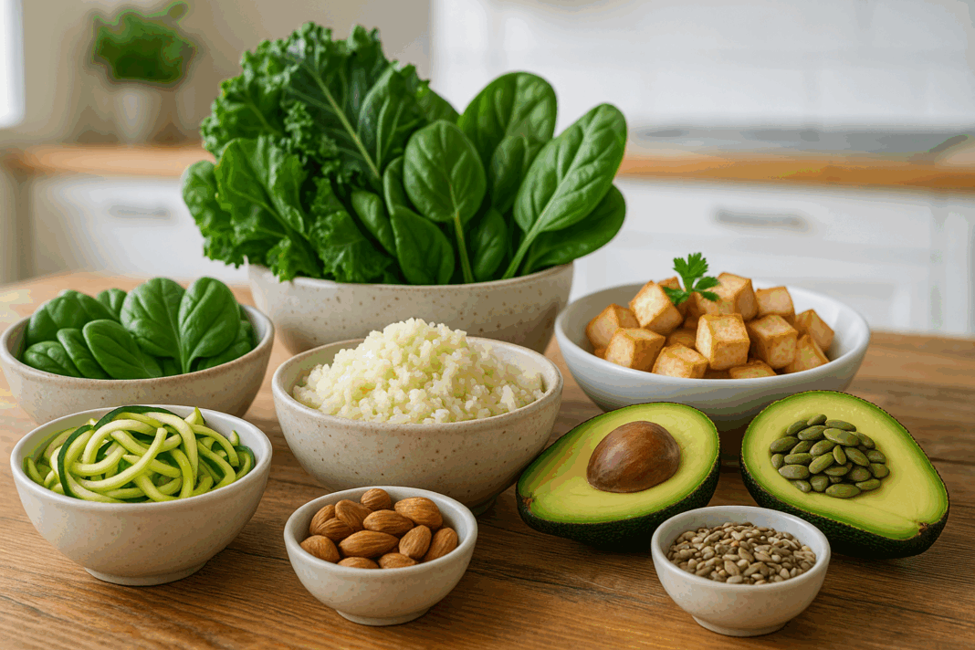 ChatGPT Image May 15, 2025, 12_22_28 PM Colorful spread of fresh vegetables, cauliflower rice, tofu, and avocado on a rustic table, showcasing a low carb vegetarian diet.
