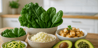 Colorful spread of fresh vegetables, cauliflower rice, tofu, and avocado on a rustic table, showcasing a low carb vegetarian diet.